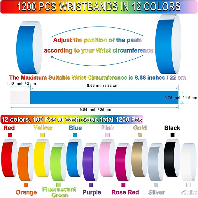 1200 Pcs Plastic Paper Wristbands for Events Neon Color Wrist Bands Concert Identification Wristbands Paper Bracelets Wristbands Party Hand Bands (Multicolor)