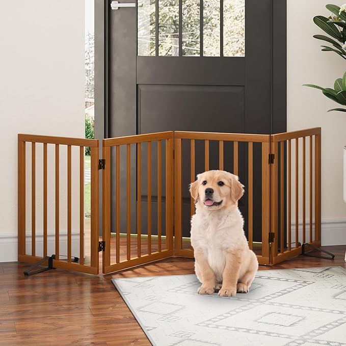 Dog Gate, Bamboo Free Standing Dog Gates for Doorways, Foldable Dog Gate Indoor, Pet Gates for Doorways Bedroom, Puppy Gate with Metal Support Feet, Room Divider 4 Panels (walnut)