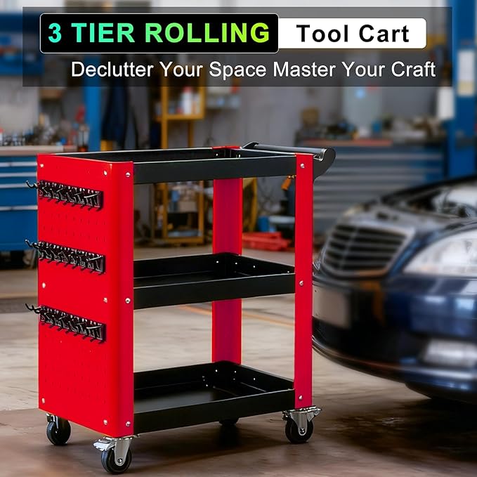 3 Tier Rolling Tool Cart, Mechanic Tool Cart on Wheels, Mechanic Storage Organizer, Utility Cart with Pegboard and Hook for Garage, Workshop, Warehouse（Red & Black）