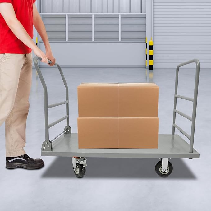 Platform Truck Cart, U Boat Cart, 48x24in 2000lbs Heavy Duty Push Dolly with Detachable Guardrail and Foldable Handle, Perfect for Schools, Restaurants, Garages, Production Lines
