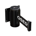 Crowd Control Warehouse - CCW Series WMB-125 Fixed Wall Mount Retractable Belt Barrier with Black Steel Case, Black "This LINE is Closed" Belt, 11' Belt Length