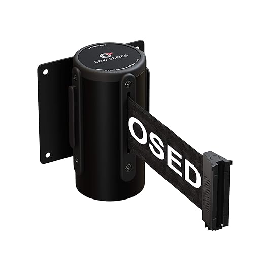 Crowd Control Warehouse - CCW Series WMB-125 Fixed Wall Mount Retractable Belt Barrier with Black Steel Case, Black "This LINE is Closed" Belt, 11' Belt Length