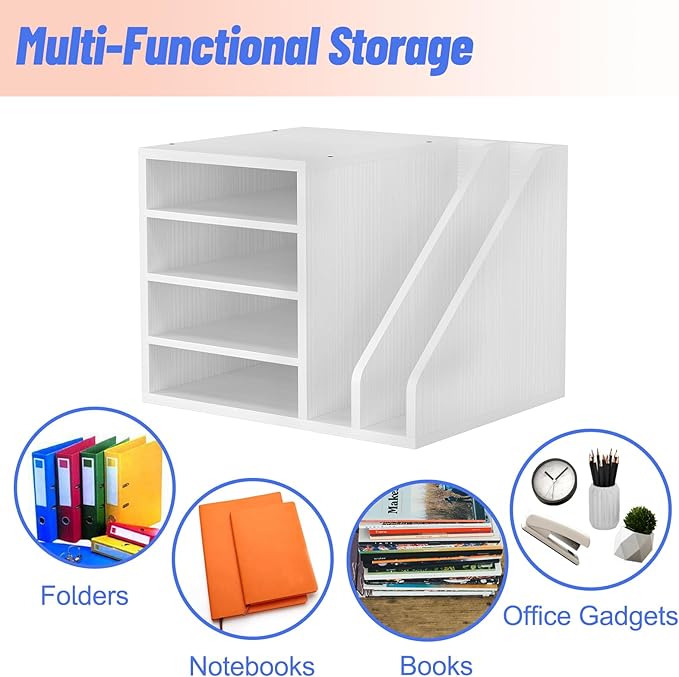 Wood Desk Organizer File Holder, Wooden Mail Organizer Countertop with Adjustable Compartments, Desktop File Organizer Paper Sorter for Home, Office and School, Envelope Organizer, White