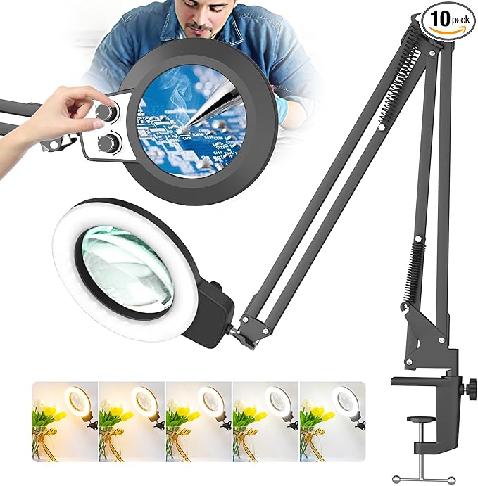 HITTI 12X Ultra Long Magnifying Glass with Light and Clamp, Upgrade Infinite Color and Brightness Workbench Light, Hands Free LED Magnifier Light and Stand for Crafts Reading Painting Soldering Hobby