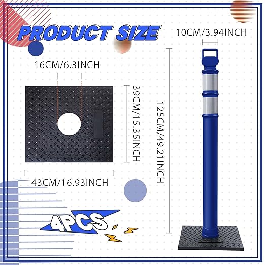 Kanayu 49 Inch Traffic Delineator Posts with 8.8 Lbs Rubber Base PE Delineator Post Portable Parking Pole Traffic Cone Barrier with Removable Base, Reflective Band(4 Packs,Blue)
