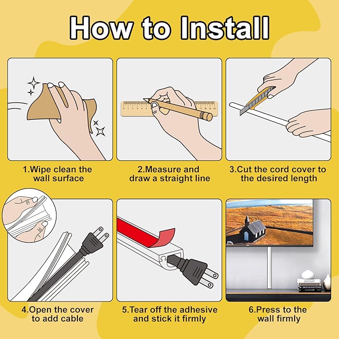 196 Inch Wall Cord Hider, Silicone Self Adhesive Cable Hider Cord Cover, Flexible Wire Covers for Cords Cable Cover Cable Concealer for Wires W0.59” H0.39” White (White, 196 inch)
