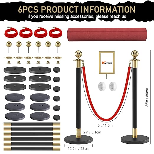 kaiyomi 6Pcs Stanchions Posts Velvet Ropes with Red Carpet and Sign Frame, Water or Sand-Fillable Base, Suitable for 8.5" x 11" A4 Paper Size Sign Frame for Red Carpet Party Decoration (Black&Golden)