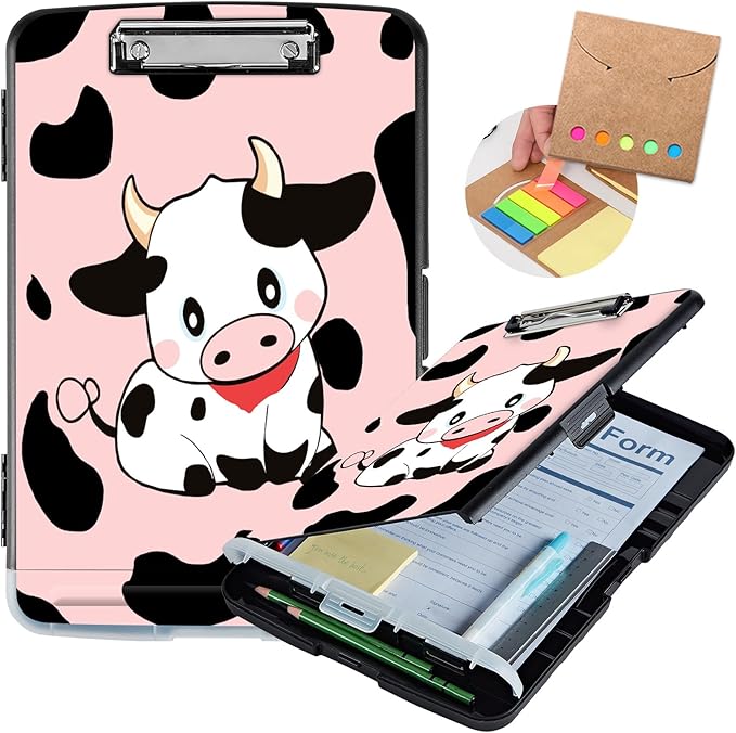 Clipboard with Storage,Storage Clipboard with Pen Holder,Heavy Duty Plastic Storage Clipboard with Low Profile Clip, Clipboard Folder, Teacher Must Haves, Office Supplies,Cute Cows Pink