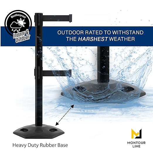 Montour Line MSR630D Set of 2 Retractable Belt Barrier Stanchion, Heavy-Duty Rubber Base, Red Post (7.5 ft Green and White Diagonal Dual Belt)