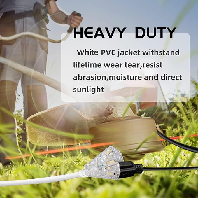 3-Outlets Indoor Outdoor Extension Cord Weatherproof with Lighted End, UL Listed, 14 Gauge 10FT White 3 Prong Heavy Duty, 14/3 SJTW 15A Power Cord