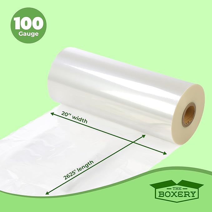 The Boxery Shrink Wrap Film 20" x 31500” (2625’) Heat Wrap POF Centerfold - Polyolefin 100 Gauge - Industrial Grade Heat Shrinkable Film for Packaging - Small Business, Toys, Books, and Much More.