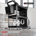 HOMCOM 3 Tier Utility Cart on Wheels, Rolling Tool Storage with Pegboards and Bucket, 200 LBS Load Capacity Plastic Service Cart for Garage, Warehouse, Workshop, Black and Light Gray