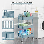3 Tier Utility Rolling Cart, EAGMAK Metal Storage Cart with Handle and Lockable Wheels, Multifunctional Storage Organizer Trolley with Mesh Baskets for Kitchen, Living Room, Office, Garage (Blue)