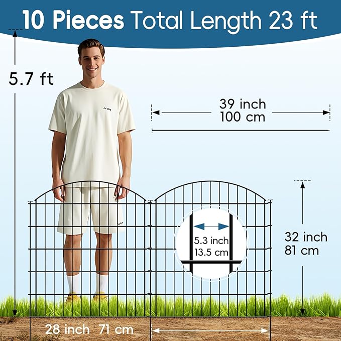 Metal Garden Fence 32 inch H x 28 inch W (10 Panels, Total Length 23 ft) No Need Dig Outdoor Rustproof Animal Barrier Fencing Border Fence for Dog, Patio,Yard, Landscape, Flower Bed