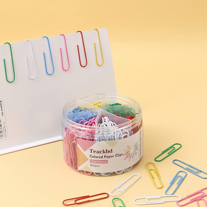 300 Pcs Colored Paper Clips, 2 Inch Assorted Color Paperclips, Large Vibrant Metal Paper Clips for Office, School, Home, Craft Projects - Organize Documents, Notes, Artworks