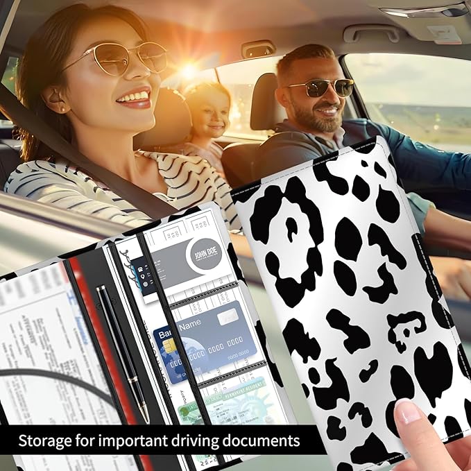 Premium Car Registration and Insurance Card Holder, Cute PU Leather Car Document Holder, Vehicle Glove Box Car Organizer with Magnetic Closure for Driver License, Cards Black White Cow Print