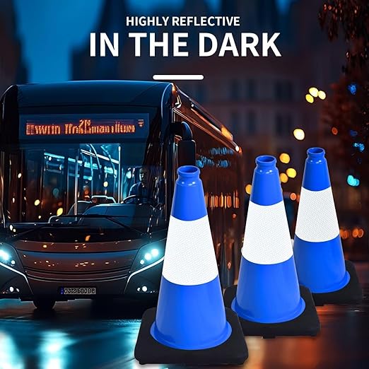 BESEA 8Pack 18 Inch Blue Traffic Cones with 6 Inch Reflective Collar, Heavy Duty PVC Safety Cones with 10.5 x 10.5 Inch Base for Parking, Driving Practice, Sports Training, and Construction