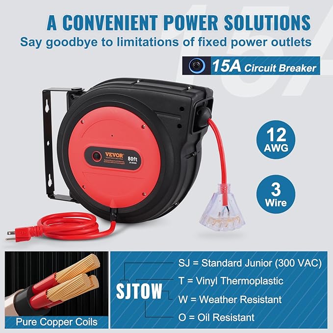VEVOR 80FT Retractable Extension Cord Reel, 12AWG/3C SJTOW Heavy Duty Power Cord w/Lighted Electrical Triple Tap Outlets, 15A Circuit Breaker,180° Swivel Bracket for Workshop or Garage, Red