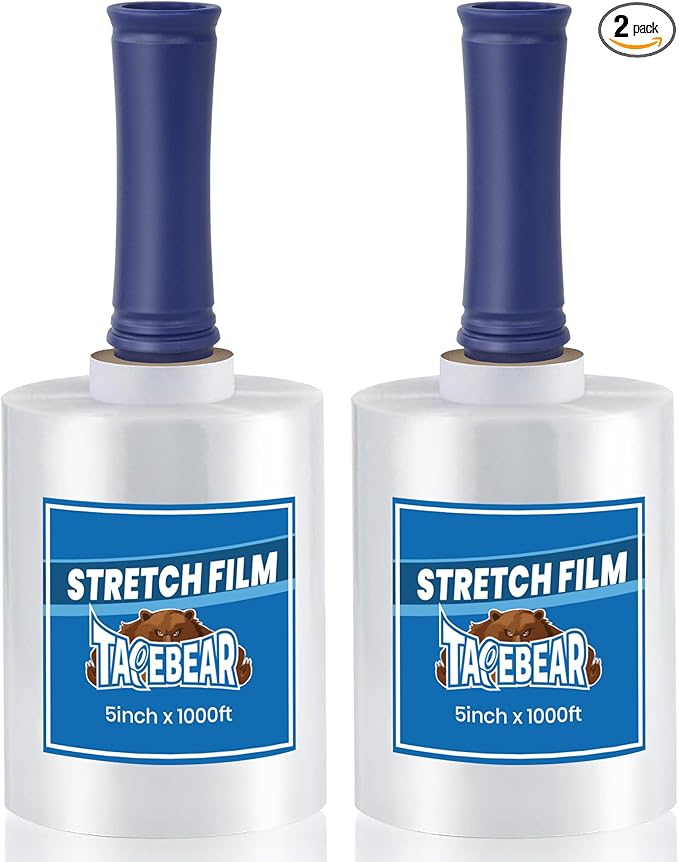TAPEBEAR Mini Clear Stretch Wrap Film 80 Gauge 5" x 1000Ft, Shrink Wrap Roll with Handle, Durable Self-Adhering Clear Plastic Wrap Industrial Strength Pallet Shrink for Moving, Packing, 2-Pack