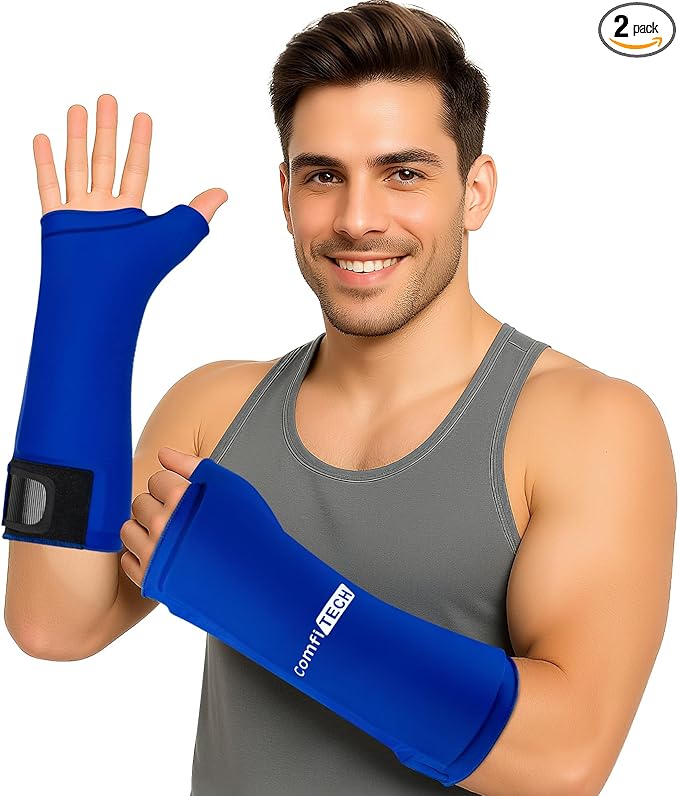 ComfiTECH Wrist Ice Pack Wrap 2 Pack, Flexible Hand Ice Pack for Carpal Tunnel, Thumb & Forearm, Reusable Gel Cold Sleeve with Adjustable Strap for Comfort and Support, Blue, Large
