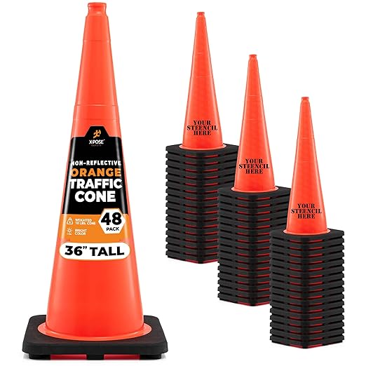 Xpose Safety 36 Inch Orange Traffic Cones, 48-Pack - Multipurpose PVC Plastic Safety Cone for Parking, Soccer, Caution, Kids and Construction - DOT Approved