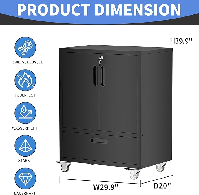 Metal Storage Cabinet with Wheels, Mobile Garage Storage Cabinet with 2 Lockable Doors and 1 Drawer, Rolling Tool Cabinet, Assembly Required, Black