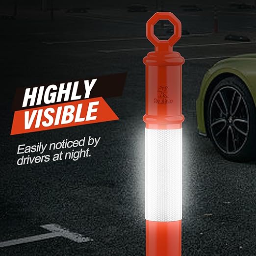 RoadHero 45 Inch Delineator Post with Base, Portable Orange Traffic Delineator Posts Cones with Reflective Collars for Parking Lots, Road Safety, Construction Events 3 Pack
