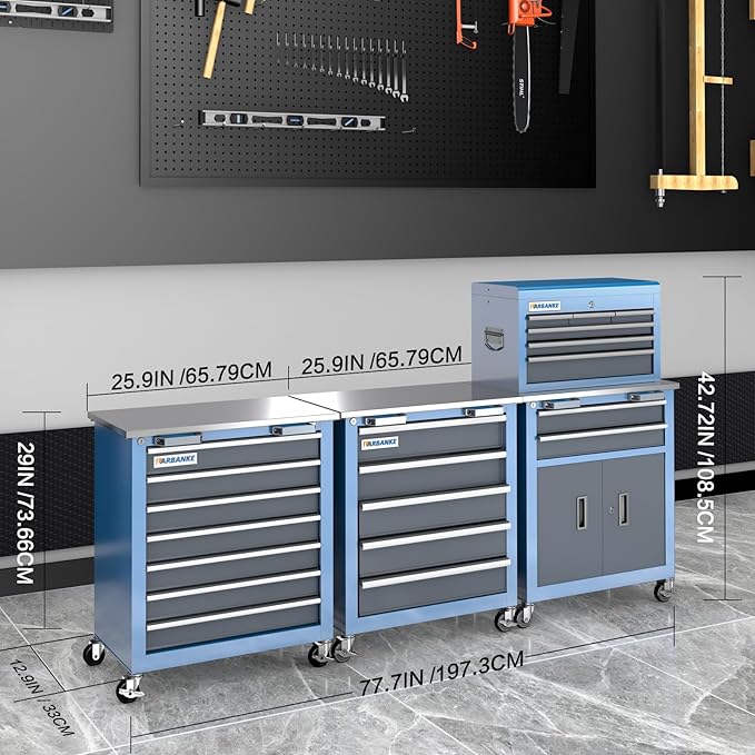 LARBANKE Tool Chest Combination with 3 Different Types,Rolling Tool Chest with Stainless Countertop,360°Wheels and Foot Pads,Tool Cabinet with Connection Buckle,Can Connect Together