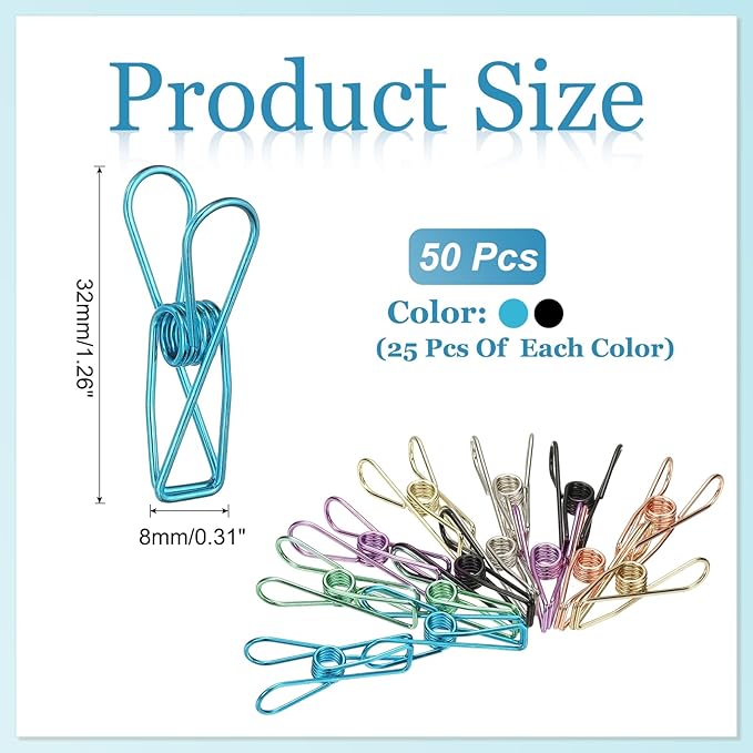 PATIKIL 50Pcs Paper Office Binder Clips, 1.26" Small Metal Wire Hollow Out Paper Clamps Long Tail Binder Clips for Photo Clothes Hanging Office Home Kitchen Food Package, Black/Blue