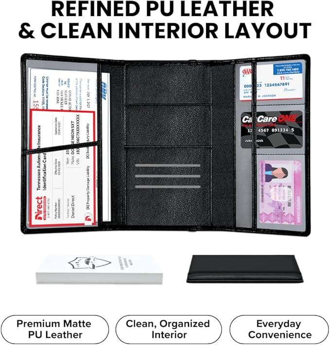 LINTRU Car Registration and Insurance Holder Trifold, Oversized Fit with Reinforced Construction, Matte PU Leather Vehicle Glove Box Organizer for Documents, Car Accessories for Men and Women