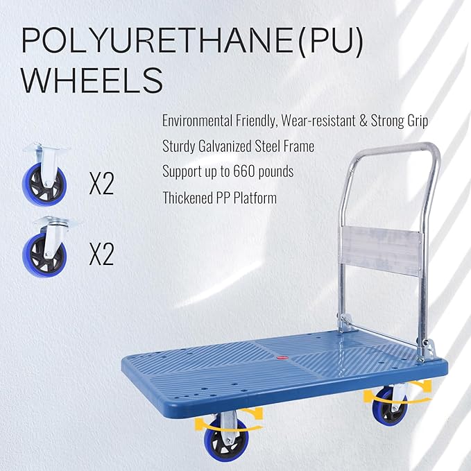 Doppy Flatbed Cart, 660lbs Heavy Duty Capacity Platform Hand Truck 360 Degree Swivel Wheels Foldable Push Hand Cart for Loading and Storage, Warehouse (Blue)