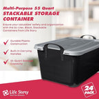 Life Story 24 Pack Heavy Duty Stackable Storage Bin, 55 Quart Home Organizer, Versatile Lightweight Locking Bins with Carrying Handles, Black/Gray