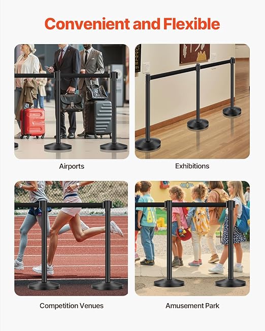 VEVOR Stanchion Post, 6 Pcs Stanchions with Retractable Belts, Carbon Steel Black Stanchions Queue with Sand Injection Hollow Base, Crowd Control Barriers for Theaters, Parties, Weddings, Exhibitions