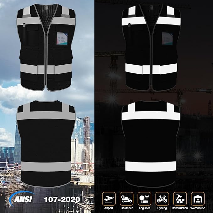 TCCFCCT Mesh Hi Vis Vest 5 Pockets High Visibility Work Vest with Reflective Strips, Meets ANSI/ISEA Standards, Black, M