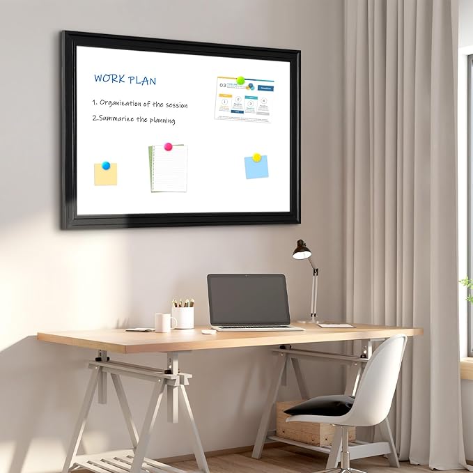 4 THOUGHT Dry Erase Board, 24 x 36 in Magnetic Whiteboard Black Vintage Wood Frame Wall-Mounted White Board Decorative Notice Board for School, Office, Home, Kitchen with 8 Magnets 4 Markers 1 Eraser