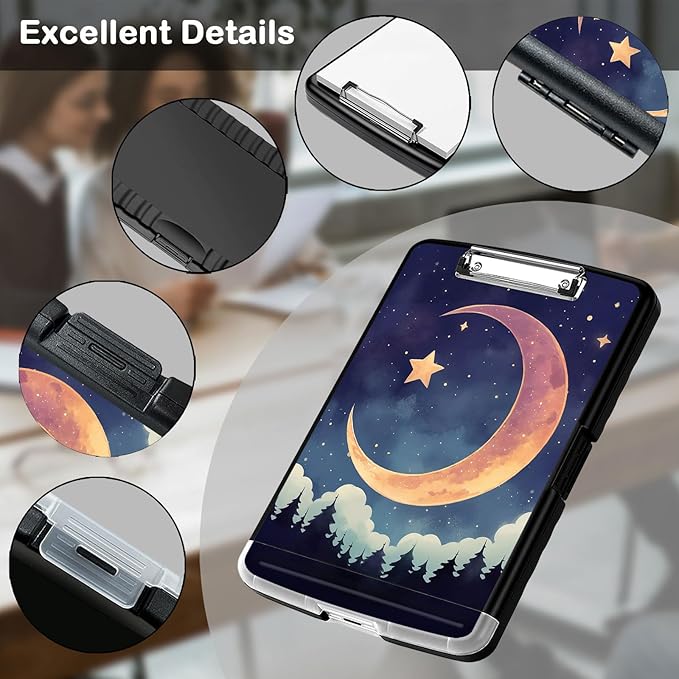 Clipboard with Storage,Office Supplies Nursing Clipboards Folder with Pen Holder Plastic Storage ClipBoard Foldable for Teacher Nurse,Moon Forest