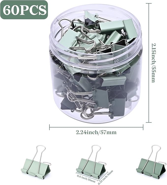 Temiary Aesthetic Binder Clips, 60 Pcs 0.6 Inches Small Metal Binder Clip with Clear Storage Container, Binding Paperwork Clamps for School Teachers Office Supplies (Green)