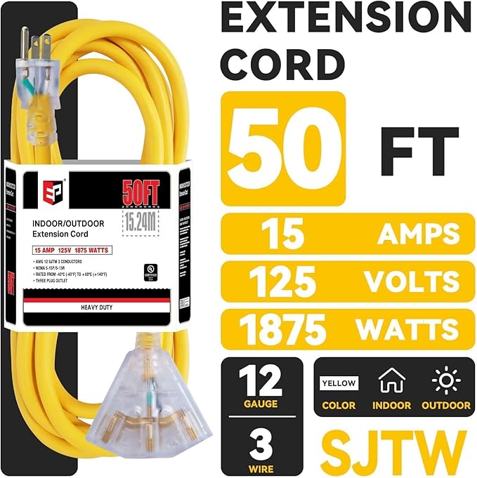 EP 2 Pack 50 Ft 12 Gauge Heavy Duty Extension Cord, 15A 125V 1875W, 3 Outlet Indoor/Outdoor Power Cord with Lighted End, 12/3 SJTW Weatherproof Yellow, UL Listed