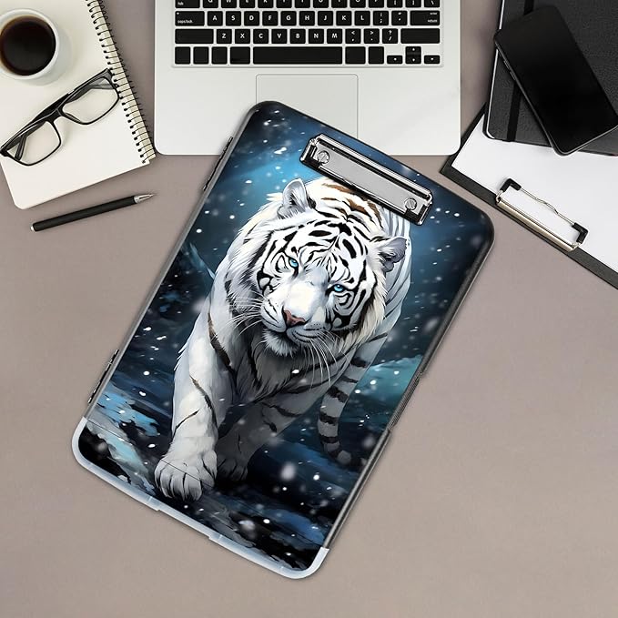 Clipboard with Storage,Office Supplies Nursing Clipboards Folder with Pen Holder Plastic Storage ClipBoard Foldable for Teacher Nurse,White Tiger