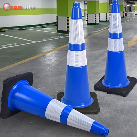 6 Pack 28" Large PVC Traffic Cones with Heavy-Duty Black Base, Garage Parking Lot Cones Structurally Stable Weatherproof Road Construction Safety Cones (6, Blue, 28" Large)