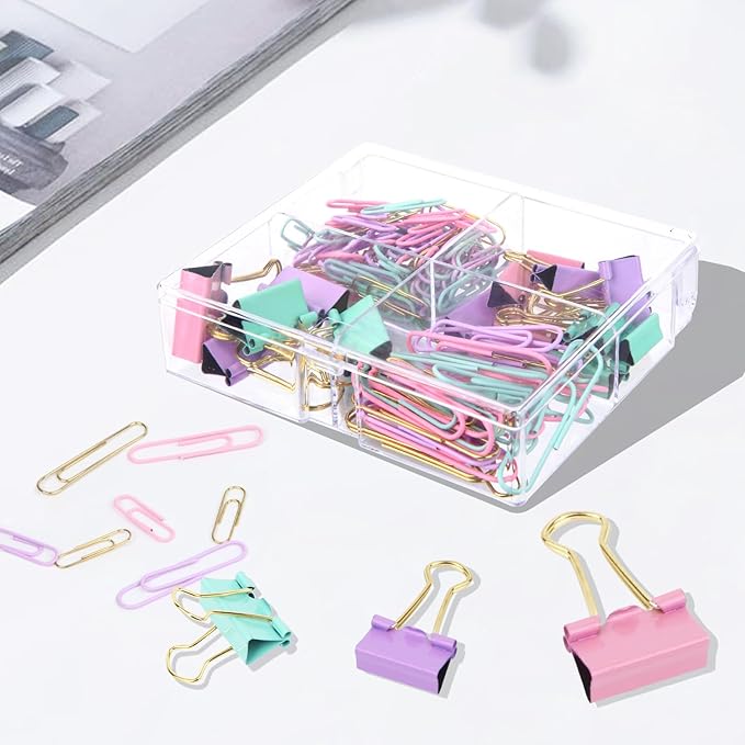 Cute Paper Clips Binder Clips Combo Set, 165 Psc, Assorted Size Paper Clips for Office, Cute Office Supplies Set, Purple (Colorful)