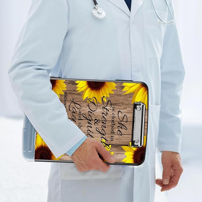 Clipboard with Storage Compartment, 8.5 x 11 Letter Size Side Opening Clip Board with Pen Holder, Hard Portable Clipboard Organizer for Nurse, Teacher, Contractor, Jobsite, Sunflower Bible
