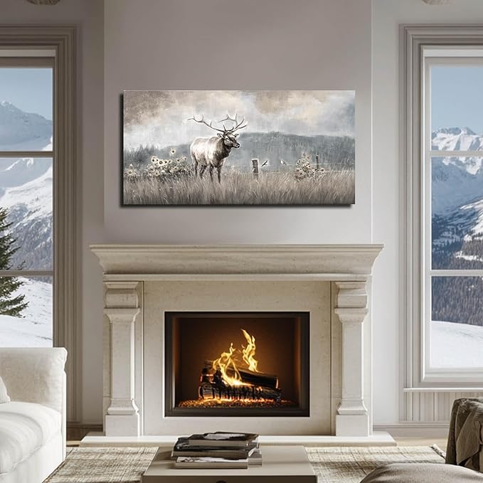 ZHENGYIN Elk & Wildflowers Canvas Wall Art, Western Deer Wildlife Meadow Landscape Artwork, Rustic Neutral Earth Tone Farmhouse Wall Decor for Entryway Bedroom, Over Console, 20x40 Inch