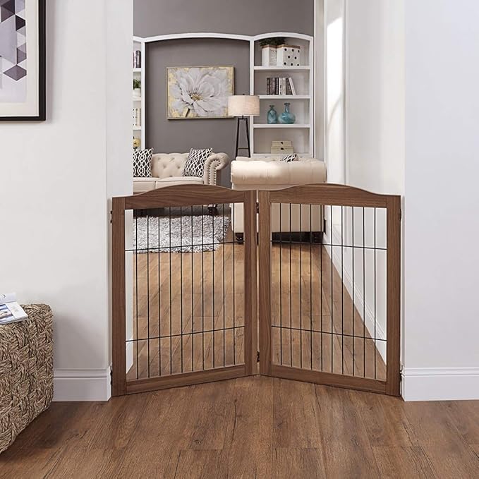 unipaws 44" Wide Dog Gate and Extension Kit, Free Standing Pet Gate, Wooden Dog Gates for Stairs, Doorway, Indoor Safety Fence for Dogs, 31.5" Height, Walnut