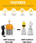 LED Temporary Work Light 100W LED Construction Lights 12,000lm 5000K Daylight Stainless Steel Guard Portable Hanging Work Lighting Workshop Jobsite Light Outdoor