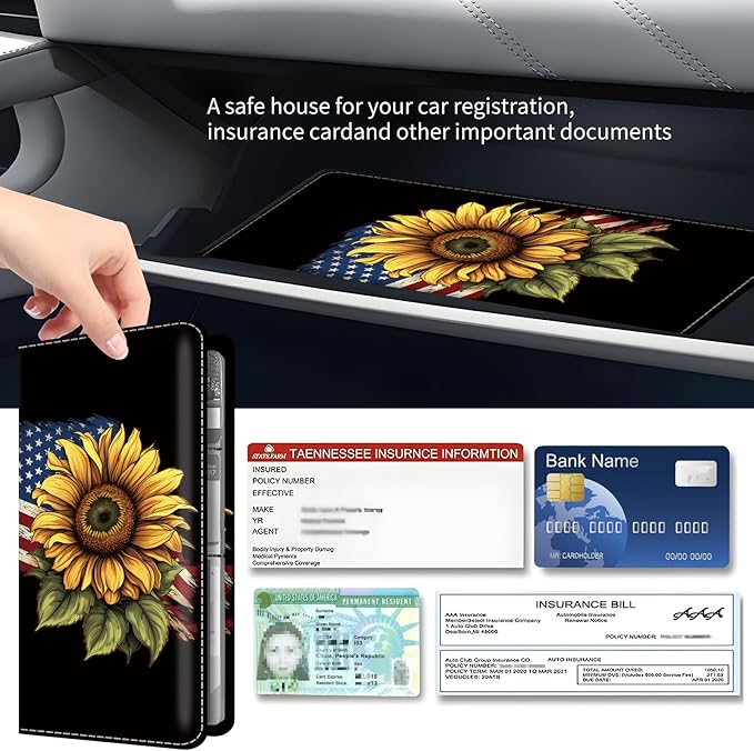 Premium Car Registration and Insurance Card Holder, Cute PU Leather Car Document Holder, Vehicle Glove Box Car Organizer with Magnetic Closure for Driver License, Cards USA Sunflower Flag