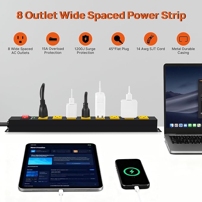 ANNQUAN Metal 8 Outlet Mountable Power Strip with 1200J Surge Protector,Wall Mount Heavy Duty Long Power Strip,Wide Spaced Outlet with Switch,3FT Cord