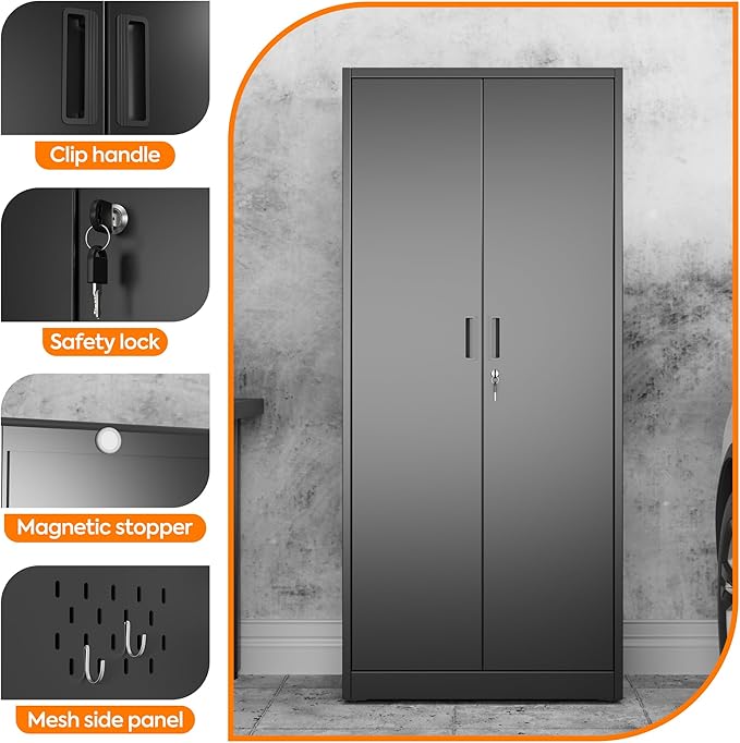 61.61" H Broom Closet Storage Cabinet with Towel Hangles and Adjustable Shelves,Metal Tool Cabinets with Pegboard and Hooks for Garage Laundry Room Home Office,Required Assembly,Black