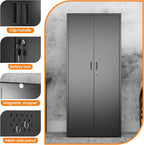 61.61" H Broom Closet Storage Cabinet with Towel Hangles and Adjustable Shelves,Metal Tool Cabinets with Pegboard and Hooks for Garage Laundry Room Home Office,Required Assembly,Black