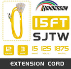 3-Outlets Indoor Outdoor Extension Cord Weatherproof with Lighted End, UL Listed, 12 Gauge 15FT Yellow 3 Prong Heavy Duty, 12/3 SJTW 15A Extension Cord